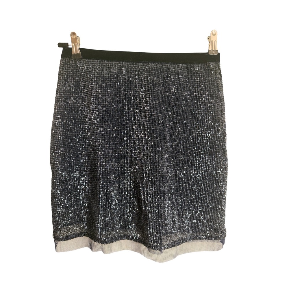 Free People Sequin Mini Skirt Black Velvet Trim Tulle Hem Size 6 Party Holiday